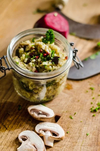 Salad In Jar And Mushrooms On Chopping Board — Stock Photo, Image