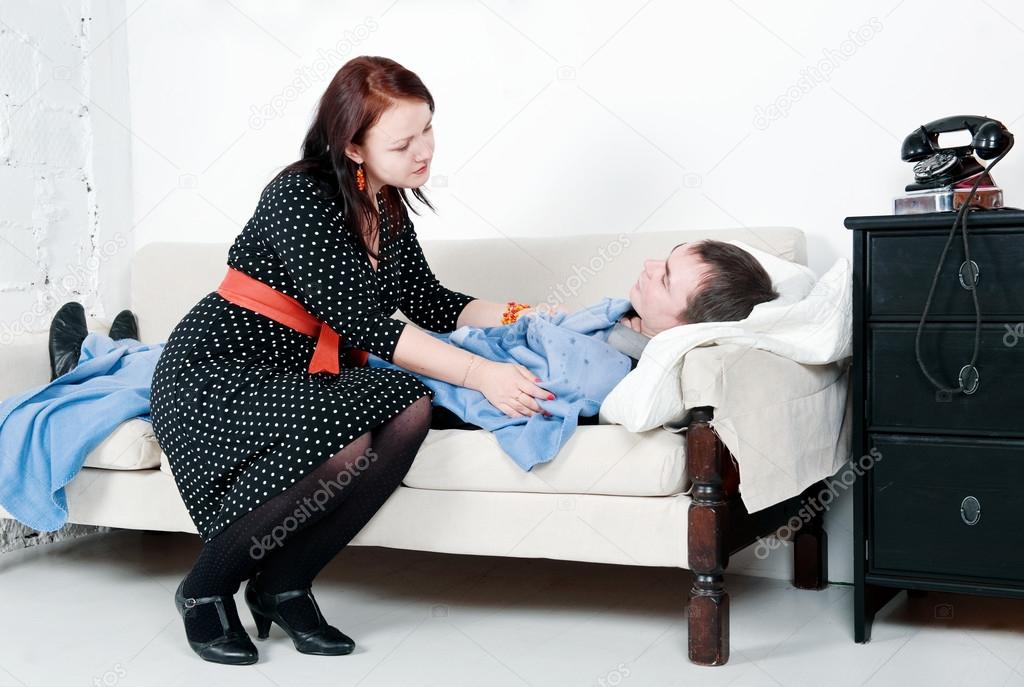 Woman take care of her sick man