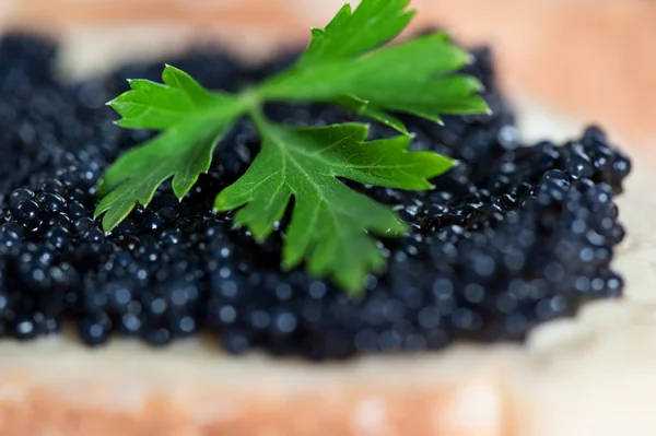 Zwarte kaviaar op een sneetje brood met peterselie — Stockfoto