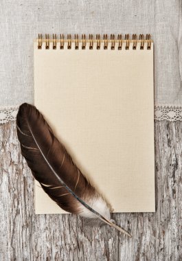 defter, tüy ve keten kumaş üzerine eski ahşap
