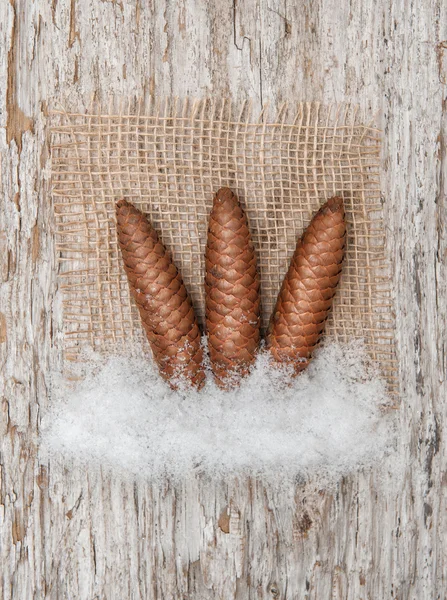 Pinecones with burlap textile on the old wood — Stock Photo, Image