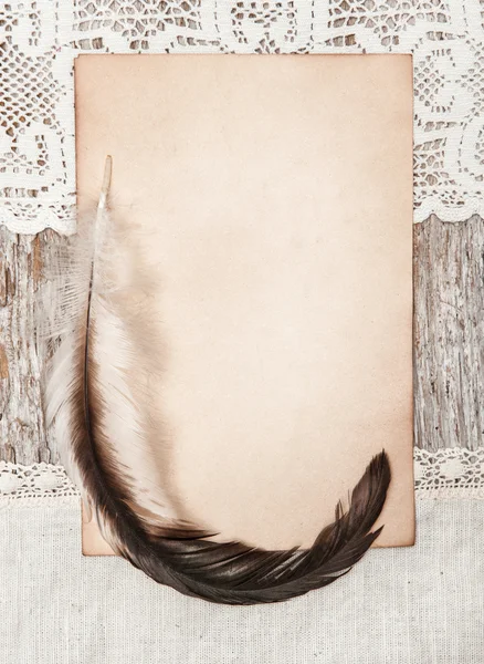 Oud papier, veren en linnen stof op het oude hout — Stockfoto