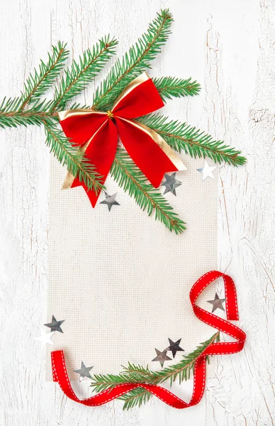 Christmas card with canvas, stars and fir branches — Stock Photo, Image