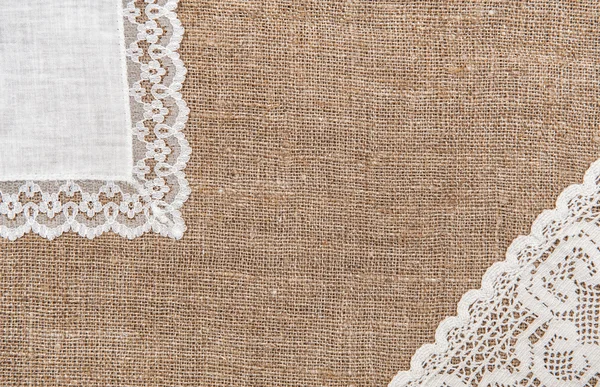 Płótnie tło z koronkowy i lniane tkaniny — Zdjęcie stockowe