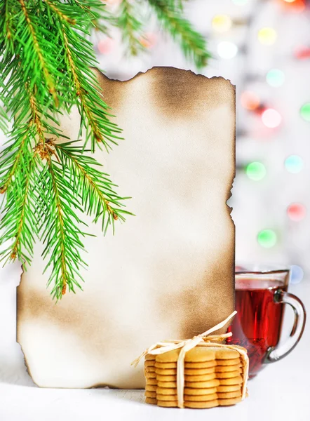 Christmas card with tea and cookies — Stock Photo, Image