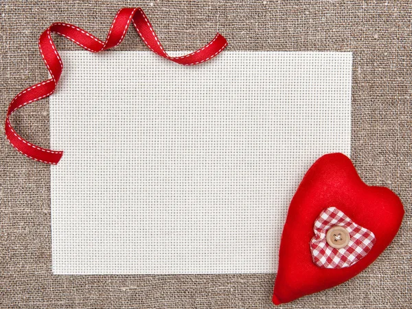 Valentine card with textile heart and ribbon — Stock Photo, Image