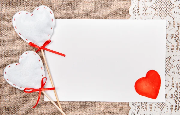 Valentine card with drawing red heart on lace — Stock Photo, Image