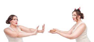 Plus size woman seduced with hamburger by herself clipart