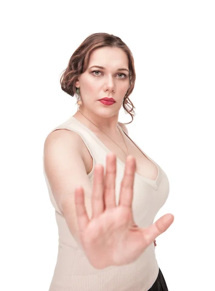 Plus size kvinna gör stopp gest — Stockfoto