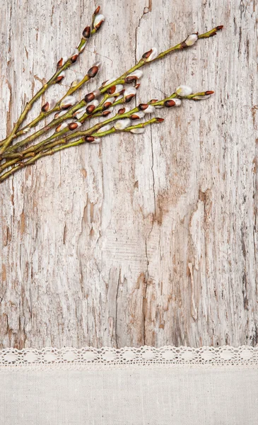 Velikonoční dekorace s Jehnědy a lněné tkaniny na staré dřevo — Stock fotografie