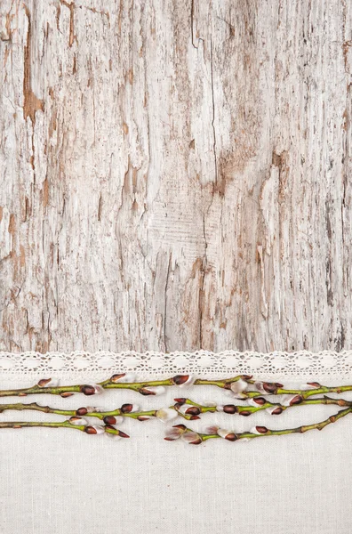 Decoración de Pascua con amentos y tela de lino en madera vieja — Foto de Stock