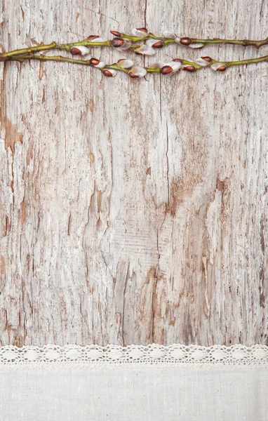 Decoración de Pascua con amentos y tela de lino en madera vieja — Foto de Stock