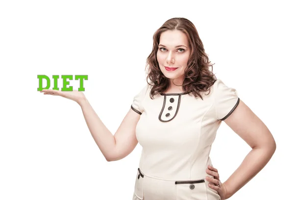 Plus size woman presenting word diet on her palm — Stock Photo, Image