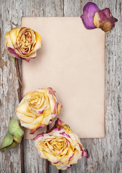 Rosas secas e papel na madeira velha — Fotografia de Stock