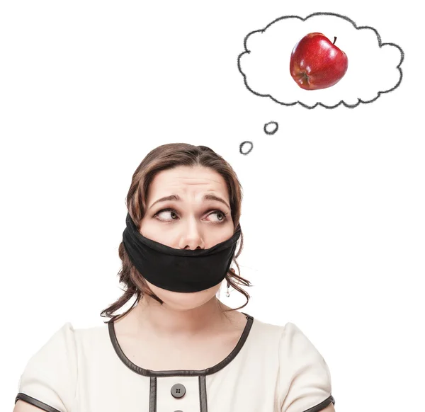 Geknebelte Plus-Size-Frau träumt vom Apfel — Stockfoto