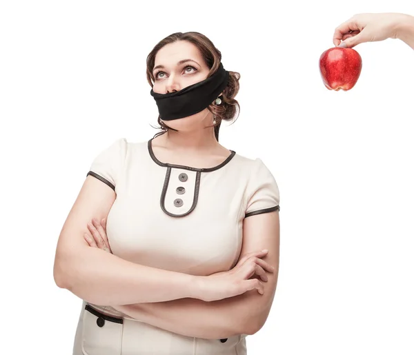 Plus size woman gagged refusing healthy food — Stock Photo, Image