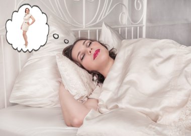 Plus size woman sleeping and dreaming about slim herself