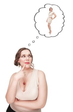 Plus size woman dreaming about slim herself clipart