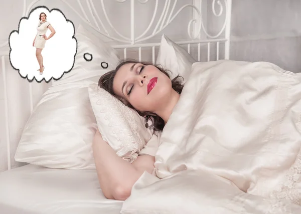 Plus size woman sleeping and dreaming about slim herself — Stock Photo, Image