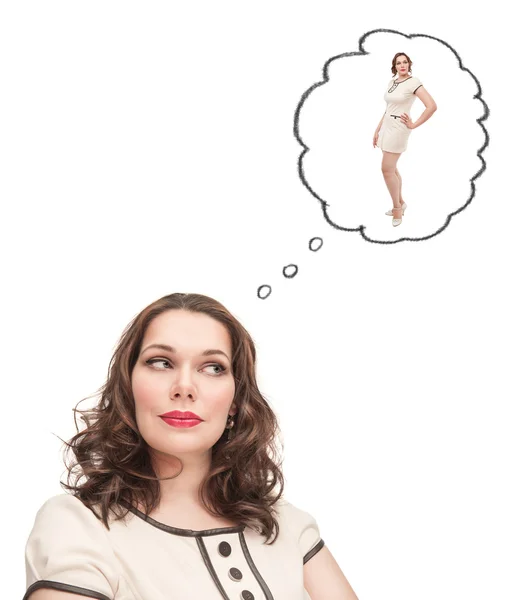 Plus size woman dreaming about slim herself — Stock Photo, Image