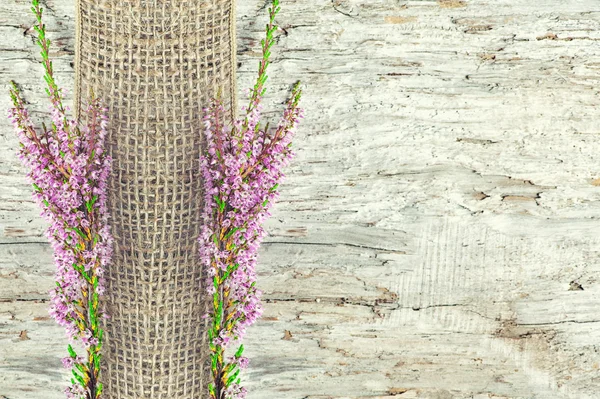 Staré dřevěné pozadí s heather a vyhození stuha — Stock fotografie