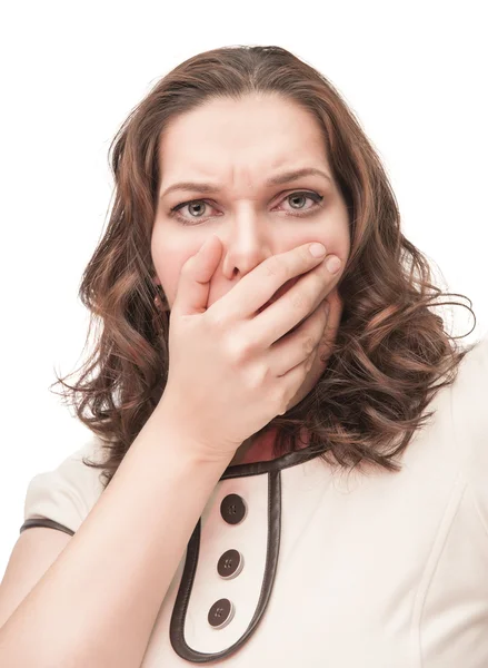 Scared plus size woman closed mouth by hand — Stock Photo, Image