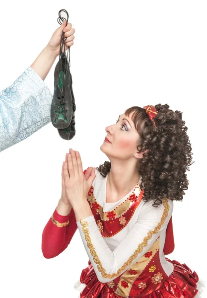 Irish dancer praying for soft shoes for dancing — Stock Photo, Image