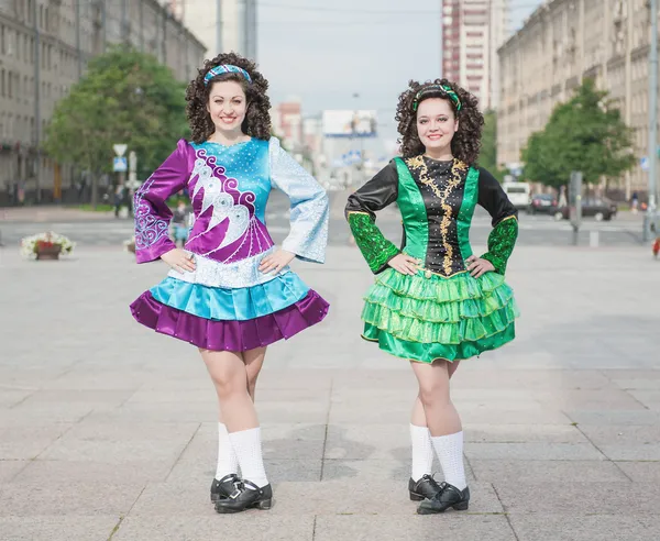 Two women in irish dance dresses posing — Stock Photo, Image