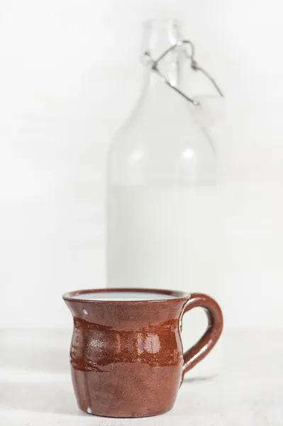 Leite fresco em caneca de cerâmica e garrafa antiquada aberta — Fotografia de Stock