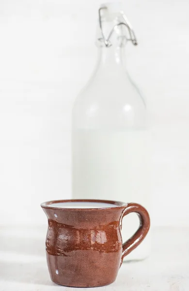 Leite fresco em caneca de cerâmica e garrafa à moda antiga fechada — Fotografia de Stock