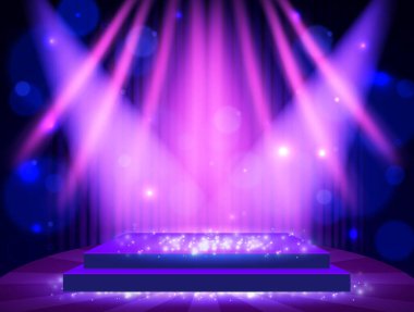 Mavi spot ışıkları, platform ve bokeh ile soyut vektör arkaplan parlaması sunum, konser, tasarım