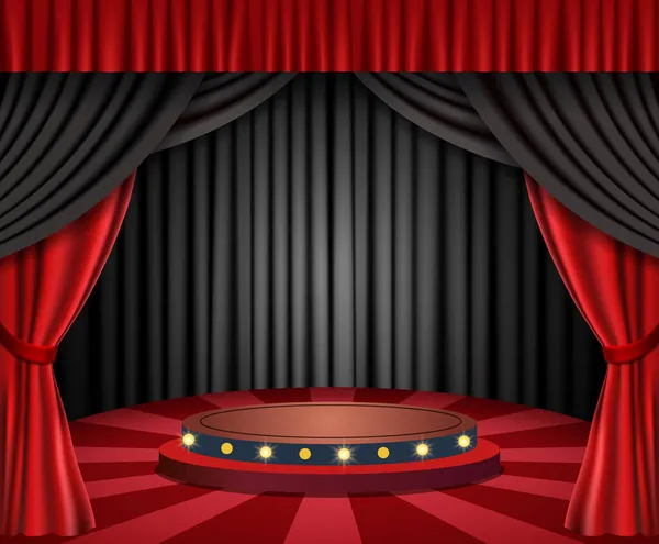 プレゼンテーション コンサートやショーのデザインのためのカーテンや表彰台と豪華な赤いベクトルの背景 — ストックベクタ