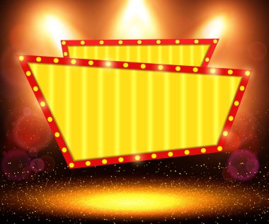 Altın ışıklı spot ışıkları, podyum ve kemer pankartıyla soyut bir zemin parlıyor. Vektör illüstrasyonu