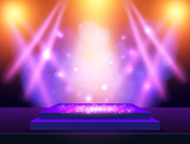 Tasarım sunumu, konseri, gösterisi için podyum, mavi ve sarı spot ışıklarıyla vektör arkaplan