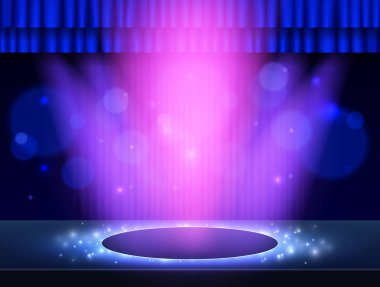 Mavi perdeli vektör arkaplanı ve sunum, konser ve tasarım için spot ışıkları