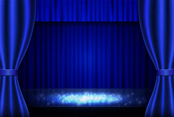 Fond Vectoriel Avec Rideau Bleu Projecteurs Pour Présentation Concert Spectacle — Image vectorielle