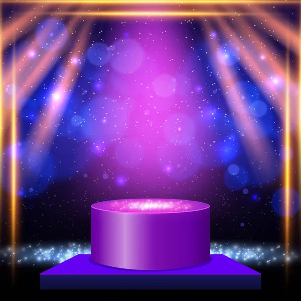 Mavi spot ışıkları, platform ve bokeh ile soyut bir arkaplan parlıyor. Sunum, konser ve gösteri için tasarım. Vektör illüstrasyonu