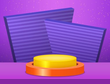 Tasarım ürünü için geometrik sarı yuvarlak platformlu vektör evresi menekşe neon arka planı