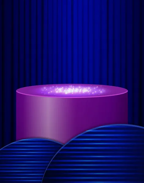Fondo Cortina Azul Vectorial Con Podio Púrpura Vacío Formas Brillantes — Vector de stock