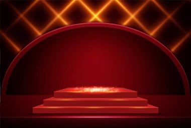 Sunum, konser ve tasarım için kırmızı podyum ile parlayan vektör neon arka planı