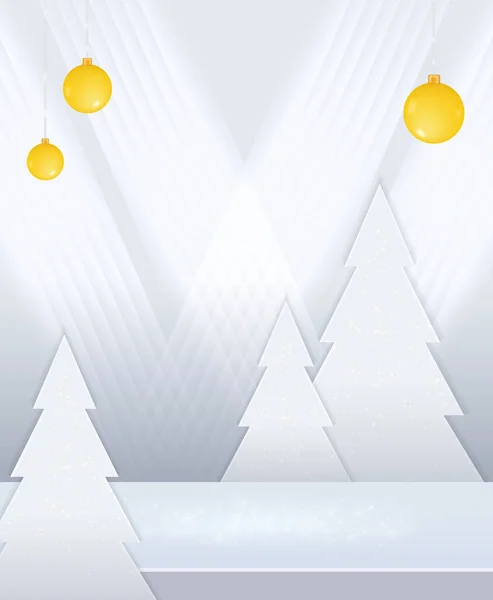 Escenario Vectorial Blanco Navidad Neón Fondo Con Colgar Bolas Amarillas — Vector de stock