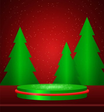 Sahne kaidesi ve köknar ağaçlarıyla kırmızı parlak arka planda Noel illüstrasyonunu yönlendir