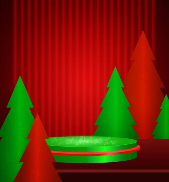 Vector Winter Christmas Illustration Mit Bühnenpodest Und Tannenbäumen Auf Rotem — Stockvektor