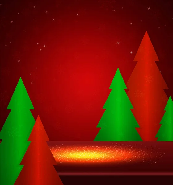 Ilustración Navidad Invierno Vectorial Con Abetos Fondo Rojo Brillo — Vector de stock