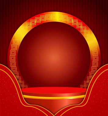 Sahne kaidesi ve kırmızı arkaplanda Asyalı unsurlarla Çin 'in yeni yıl illüstrasyonunu temsil et