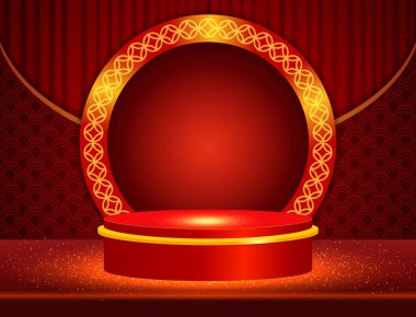 Kırmızı arkaplanda Asyalı unsurlar ve sahne ile Çin 'in yeni yıl illüstrasyonu