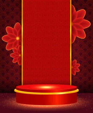 Kırmızı süs arka planında Asya unsurları ve sahne ile Çin 'in yeni yıl illüstrasyonu