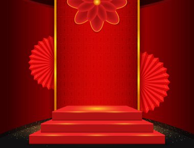 Sahne kaidesi ve kırmızı fonda Asyalı hayranıyla Çin 'in yeni yıl illüstrasyonu