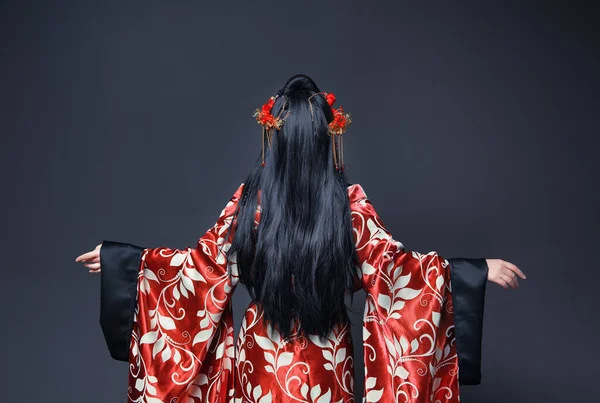 Beautiful Young Woman Back Pose Red Traditional Chinese Costume Dark — Fotografia de Stock