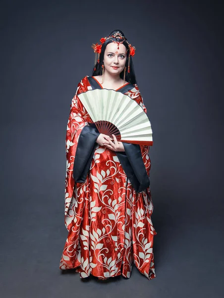 Beautiful Young Woman Red Traditional Chinese Costume Hand Fan Dark — стокове фото